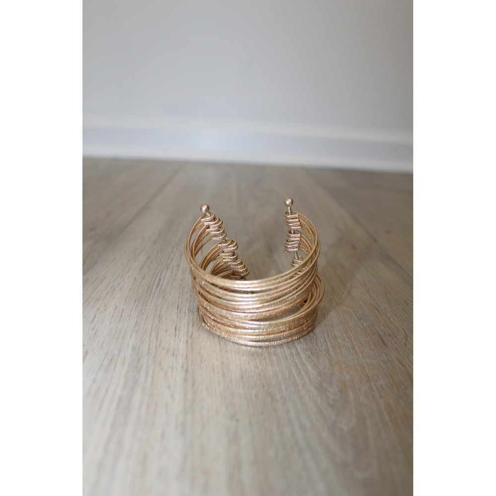 Gold Tone Multi Strand Textured Wire Wide Cuff Statement Bracelet Womens